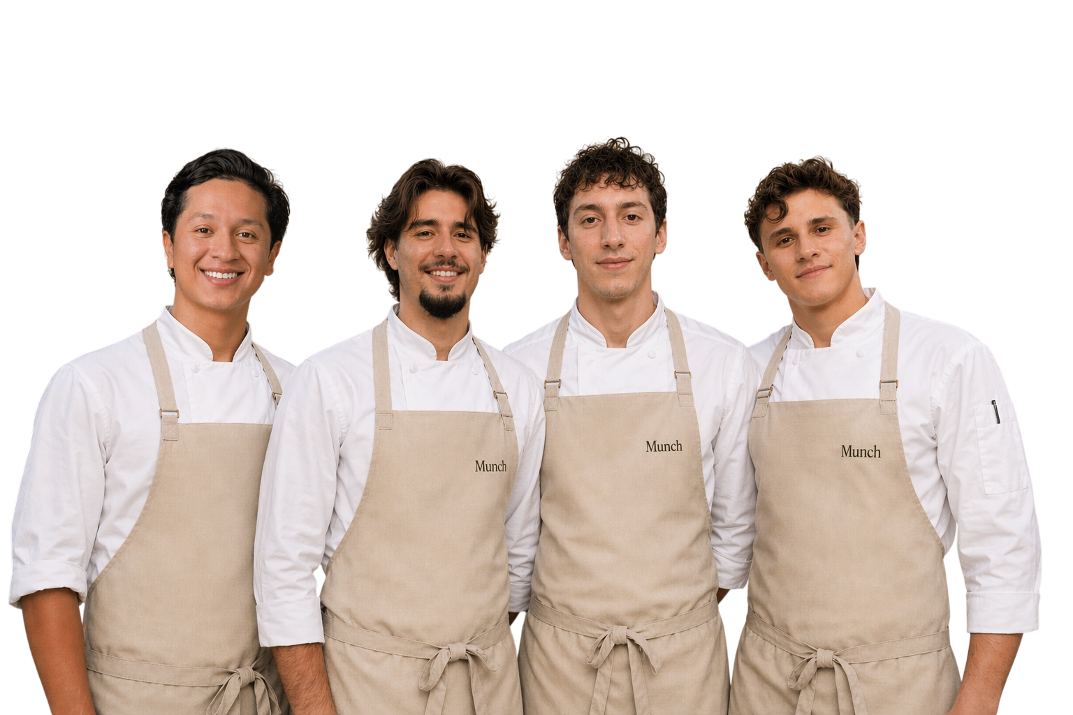 The Munch chef team in white coats and branded aprons
